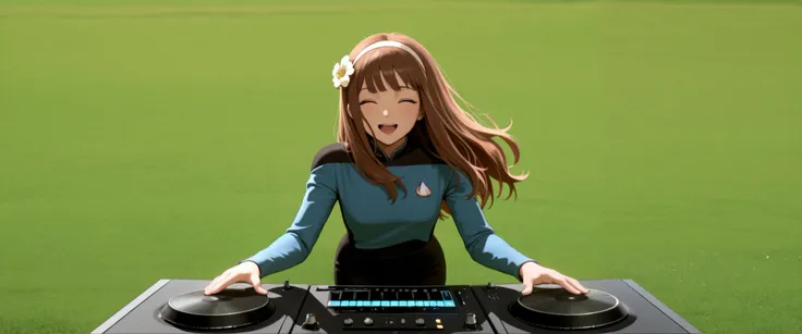 masterpiece,best quality,
,solo,,hairband , brown hair,long hair,bangs,in a garden,flower in hair,green grass,sun,happy, DJ, DJing at rave, TNG blue uniform,black pants ,