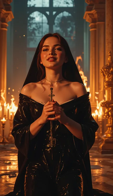 Hyperrealistic 8K photograph, intricate details, (lustful nun:1.3) kneeling in a burning opulent cathedral at night, wearing a skin-tight black latex nun habit with traditional white bib and loose coif (veil) draped over her shoulders, strands of dark hair...