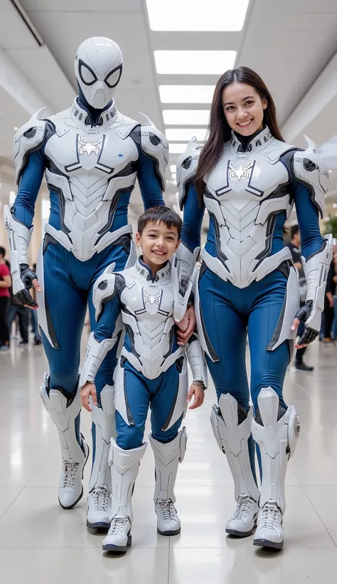 character: 1 man with mask full head, 1 boy, and 1 young women.
action: Walk straight and look straight ahead.
Expression : smiling.
Costume : they Wearing futuristic white Spiderman body suit with blue armor.
Background : A bright indoor public spac...