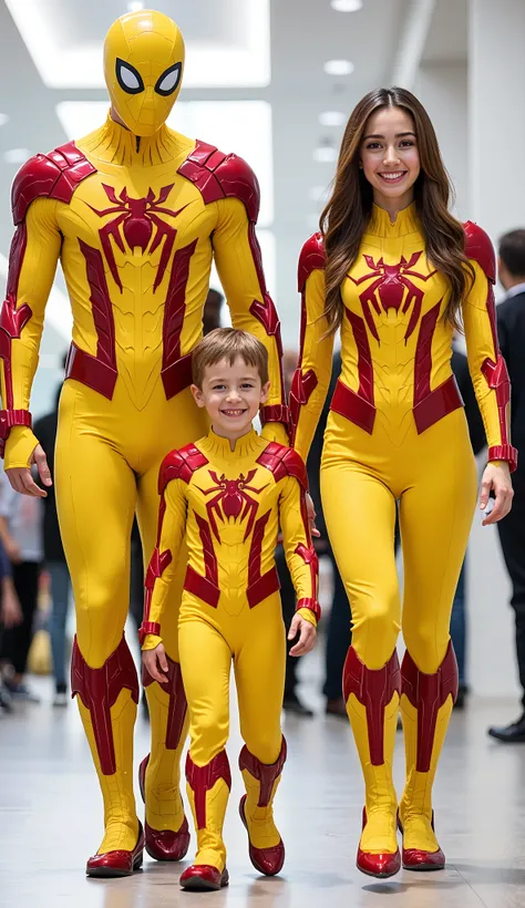 character: 1 man with mask full head, 1 boy, and 1 young women.
action: Walk straight and look straight ahead.
Expression : smiling.
Costume : they Wearing futuristic yellow Spiderman body suit with red armor.
Background : A bright indoor public spac...