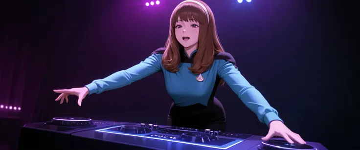masterpiece,best quality,
,solo,,hairband , brown hair,long hair,bangs,in a indoor rave scene club in hair,strobes lights ,,energetic jumping wild , DJ, DJing at rave, TNG blue uniform,black pants ,