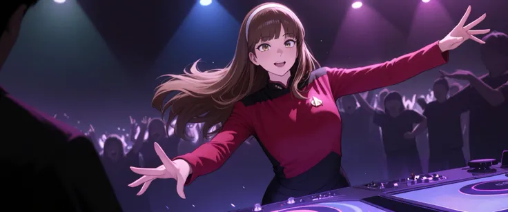 masterpiece,best quality,
,solo,,hairband , brown hair,long hair,bangs,in a indoor rave scene club in hair,multiple colourful strobes lights, hyped energetic jumping wild , DJ, DJing at rave with crowd, TNG red uniform,black pants ,