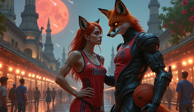 cyborgs:1.1,group of cyborgs,mixture of human and machine,exoskeleton:1.1,advanced technology:dystopian ancient architecture,Redfox basketball player with massive fur.rapidly spinning on his fingertip and one hand around his waist she is angry nervous face...