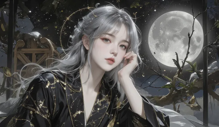 Get ready to immerse yourself in the enchanting world of Renaissance Slavic portraits , visible brushstrokes 、Bringing life to an impressive depiction of a young woman with silver hair and a constellation-patterned robe 。. while watching the surrounding...