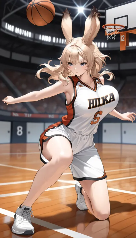 (((( masterpiece)))), (((( Highest quality)))), high resolution,fine grain, detailed face, A very detailed depiction of a face, detailed eyes 、detailed face、Detailed hair 、 sparkling skin 、sweat、viera, Basketball Players, [UNIFORM, , action, b...