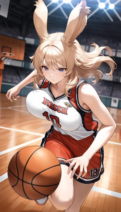 (((( masterpiece)))), (((( Highest quality)))), high resolution,fine grain, detailed face, A very detailed depiction of a face, detailed eyes 、detailed face、Detailed hair 、 sparkling skin 、sweat、viera, Basketball Players, [UNIFORM, , action, b...