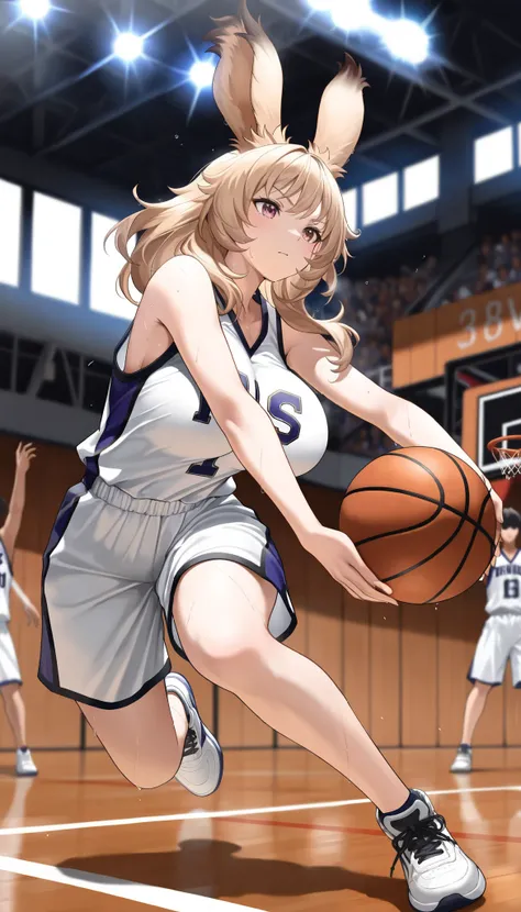 (((( masterpiece)))), (((( Highest quality)))), high resolution,fine grain, detailed face, 非常にdetailed faceの描写, detailed eyes 、detailed face、 detail hair 、 sparkling skin 、sweat、viera, Basketball Players, [uniform, , action, Big swollen bre...
