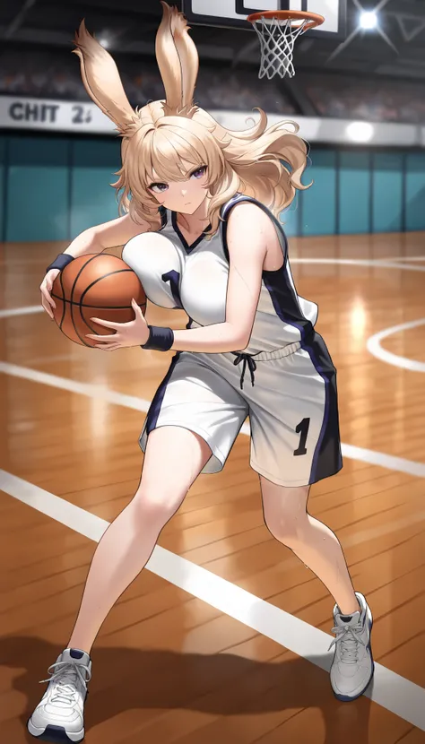 (((( masterpiece)))), (((( Highest quality)))), high resolution,fine grain, detailed face, 非常にdetailed faceの描写, detailed eyes 、detailed face、 detail hair 、 sparkling skin 、sweat、viera, Basketball Players, [uniform, , action, Big swollen bre...
