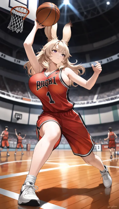 (((( masterpiece)))), (((( Highest quality)))), high resolution,fine grain, detailed face, 非常にdetailed faceの描写, detailed eyes 、detailed face、 detail hair 、 sparkling skin 、sweat、viera, Basketball Players, [uniform, , action, Big swollen bre...