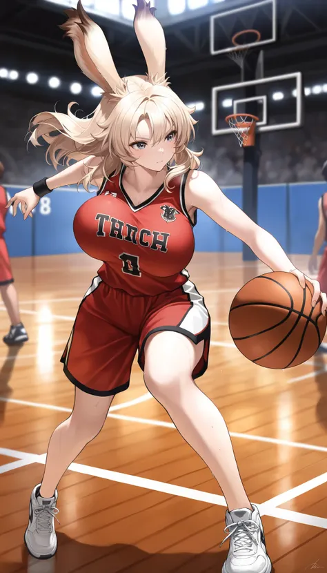 (((( masterpiece)))), (((( Highest quality)))), high resolution,fine grain, detailed face, A very detailed depiction of a face, detailed eyes 、detailed face、Detailed hair 、 sparkling skin 、sweat、viera, Basketball Players, [UNIFORM, , action, b...