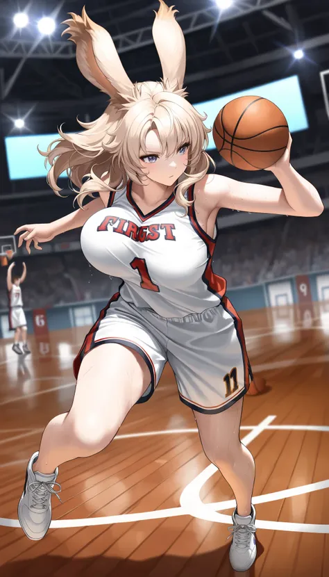 (((( masterpiece)))), (((( Highest quality)))), high resolution,fine grain, detailed face, A very detailed depiction of a face, detailed eyes 、detailed face、Detailed hair 、 sparkling skin 、sweat、viera, Basketball Players, [UNIFORM, , action, b...