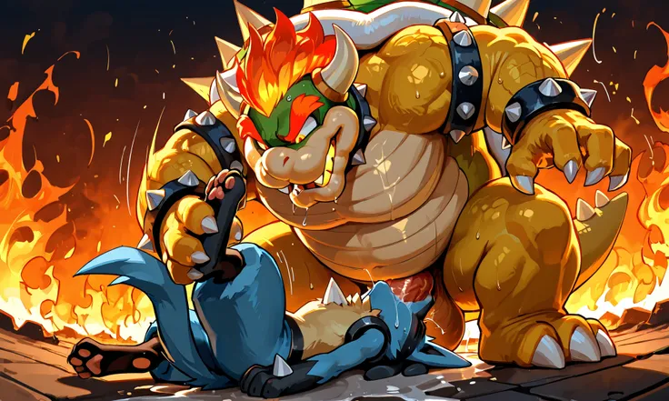 large bowser, small feral lucario, irrumatio , deepthroat, [bowser:heavy weight bulky fat, massive strong body, wide pectoral muscles, grabbing head, evil smile, open mouth, looking down, hyper big penis, hard cumming, bodily fluid, sweaty, smelly steam, ...