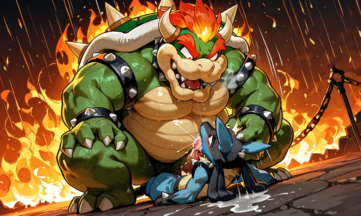 large bowser, small feral lucario, irrumatio , deepthroat,  [bowser:heavy weight bulky fat, massive strong body, wide pectoral muscles, grabbing head, evil smile, open mouth, looking down, hyper big penis, hard cumming, bodily fluid, sweaty, smelly steam, ...