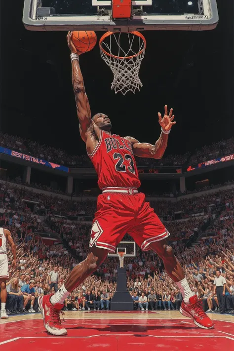 Captured from a low angle with a fisheye lens、tall to determine slam dunk Muscular male African basketball player,are placed on the ground,is holding a basketball in one hand in the air and stretching his arms towards the goal(preliminary movements for dunk shots), is the uniform （Chicago Bulls）red、white、Black and vivid,Dynamic,realistic wrinkles and movements are clearly written,background is brightly illuminated indoor basketball court,audience cheering,dramatic scene,Strong lighting,cameras that highlight players' muscles and sweat,add motion blur that emphasizes speed of movement, Anime Style ,japanese modern anime,strong lines and vivid colors, Characteristic depiction 