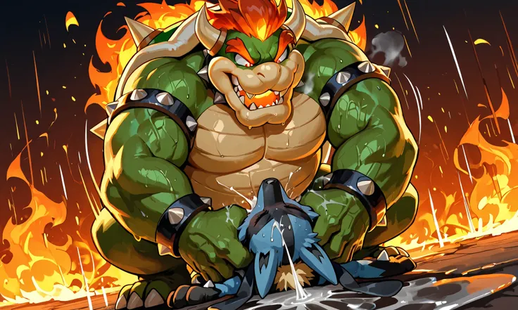 large bowser, small feral lucario, irrumatio , deepthroat,  [bowser:heavy weight bulky fat, massive strong body, wide pectoral muscles, grabbing head, evil smile, open mouth, looking down, hyper big penis, hard cumming, bodily fluid, sweaty, smelly steam, ...
