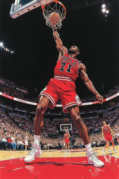 Captured from a low angle with a fisheye lens、tall to determine slam dunk Muscular male African basketball player,are placed on the ground,is holding a basketball in one hand in the air and stretching his arms towards the goal(preliminary movements for dunk shots), is the uniform （Chicago Bulls）red、white、Black and vivid,Dynamic,realistic wrinkles and movements are clearly written,background is brightly illuminated indoor basketball court,audience cheering,dramatic scene,Strong lighting,cameras that highlight players' muscles and sweat,add motion blur that emphasizes speed of movement, Anime Style ,japanese modern anime,strong lines and vivid colors, Characteristic depiction 