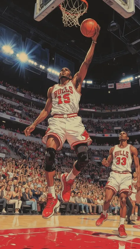 Captured from a low angle with a fisheye lens、Tall and muscular male African basketball players who decide on slam dunk, jumping high ,are placed on the ground,players hold a basketball in one hand in the air and stretch their arms toward the goal(preliminary movements for dunk shots), is the uniform （Chicago Bulls）red、white、Black and vivid,Dynamic,realistic wrinkles and movements are clearly written,background is brightly illuminated indoor basketball court,audience cheering,dramatic scene,Strong lighting,cameras that highlight players' muscles and sweat,add motion blur that emphasizes speed of movement, Anime Style ,japanese modern anime,strong lines and vivid colors, Characteristic depiction 