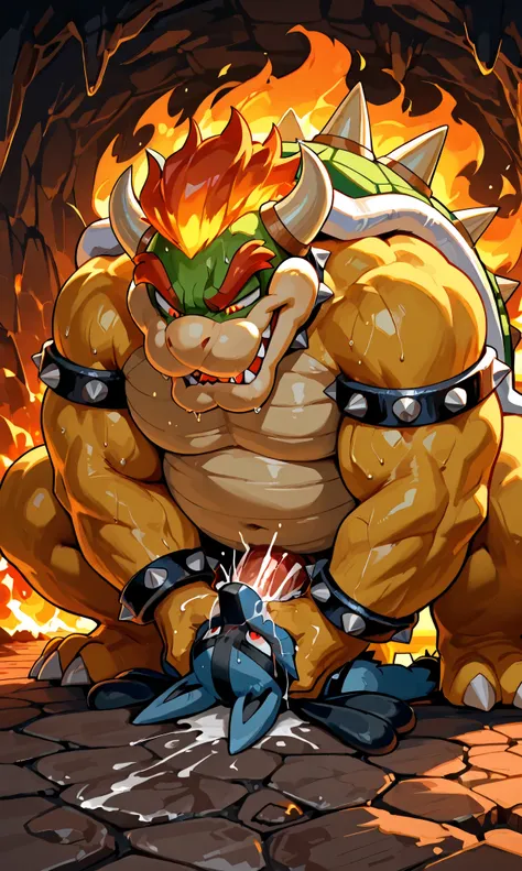 large bowser, small feral lucario, irrumatio , deepthroat, [bowser:heavy weight bulky fat, massive strong body, wide pectoral muscles, grabbing head, evil smile, open mouth, looking down, hyper big penis, hard cumming, bodily fluid, sweaty, smelly steam, ...