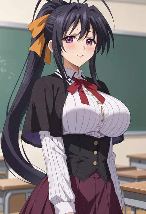 score_9, HimejimaAkeno, 1girl, solo, parted lips, light smile, light blush, high ponytail, long hair, black hair, purple eyes, cheeks blushed, antenna hair, hair ribbon, red ribbon, black capelet, striped shirt, white shirt, neck ribbon, black ribbon, long...