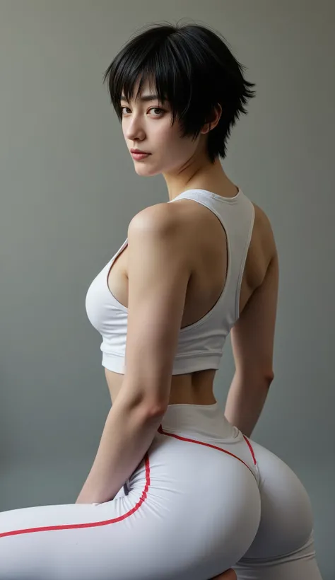 Full frame of the model, With your back leaning against the wall, Perfect Chinese, athletic body e esbelto, short hair with a modern cut, extremely detailed, Soft ambient lighting, Long-winged eyeliner, perfect eyes, a perfect face, ((fitness, muscular, at...