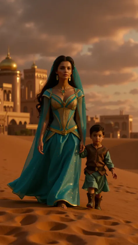 A hyper-realistic, full-body shot of Princess Jasmine and her young son walking forward together through the golden sands of Agrabah at sunset. Jasmine’s flowing teal and gold outfit shimmers in the warm desert light, her long, dark hair cascading behind h...