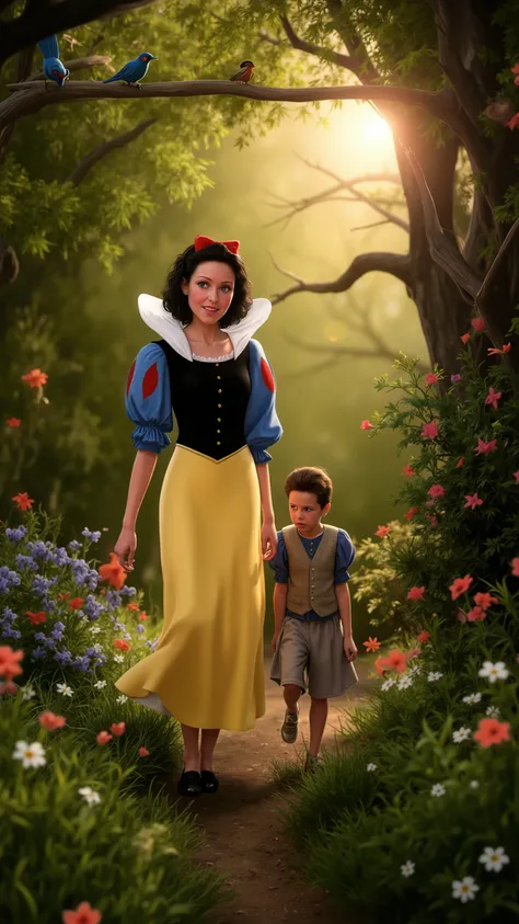 A hyper-realistic, full-body shot of Snow White and her young son walking forward through an enchanted forest bathed in soft, golden light. Snow White’s iconic blue, red, and yellow gown flows gracefully as she steps forward, her dark hair framing her kind...