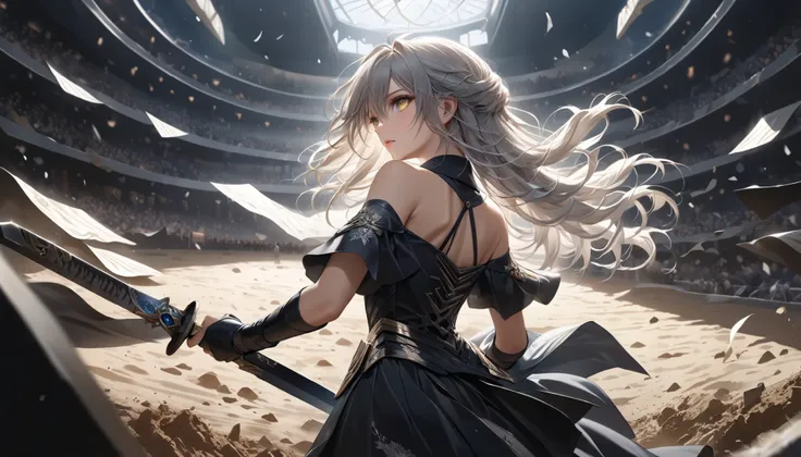 (masterpiece:1.2, Best Quality), (finely detailed beautiful eye: 1.2), (beautiful detailed face), solo, full body,from behind, looking up, yellow eyes, shout, holding sword unsheathing, motion blur, upper body, long hair, gray hair, light gray skin, close ...