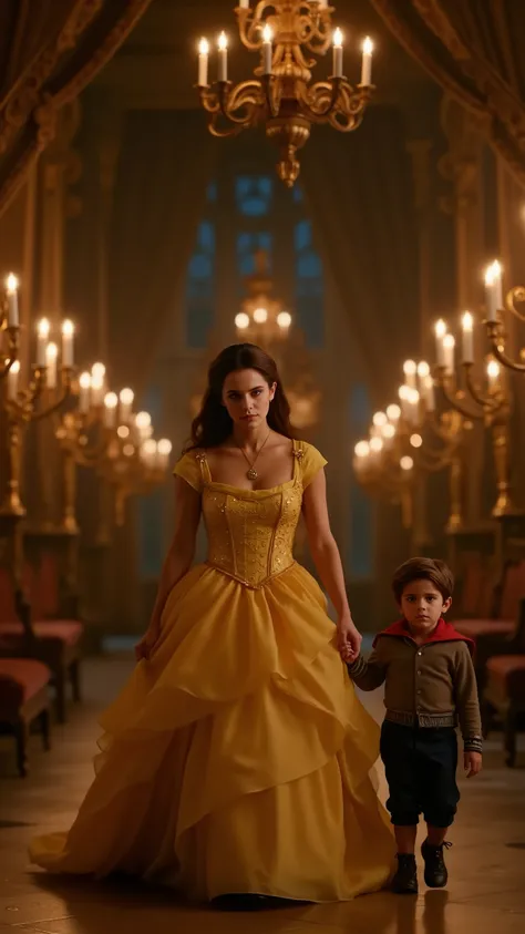 A hyper-realistic, full-body shot of Belle and her young son walking forward through the grand, enchanted halls of the Beast’s castle. Belle, in her iconic golden ball gown, moves gracefully, the intricate layers of her dress shimmering with every step as ...