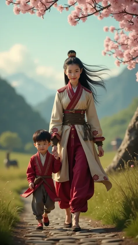 A hyper-realistic, full-body shot of Mulan and her young son walking forward towards the camera through a beautiful, serene landscape of ancient China. Mulan, dressed in a traditional yet graceful outfit with intricate details, walks with purpose and stren...