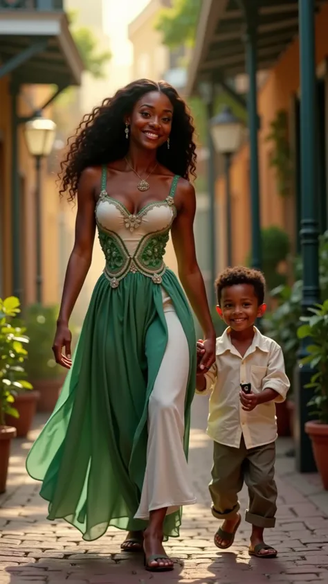 A hyper-realistic, full-body shot of Tiana and her young son walking forward towards the camera along a lush, vibrant street in New Orleans. Tiana, dressed in a beautiful, green and white dress with elegant lace details, walks confidently with a warm and n...