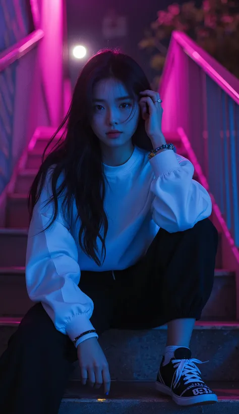 girl, wave hair, big eyes, white sweatshirt, black sweatpants, sneakers with a ladyback letter, bracelet, sit on stairs, Under the Street Light , Blue and purple neon, Shoot.