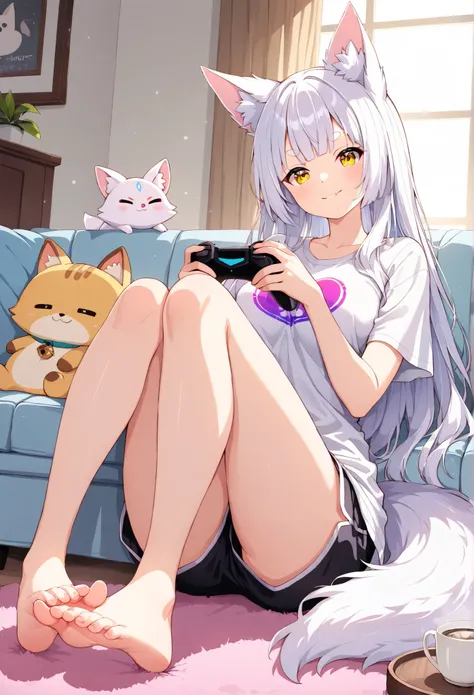  Smile,頭にstupid hair,masterpiece , is about ,about , alone, Pat on eyebrows,Tai Eyebrows, 短いbungs,bungs,Round eyebrows,  yellow eyes, silver hair ,straight long hair,long hair,wolf cut,stupid hair,fox ears, 白いfox ears,  Clear Outfit Designs , White fox,ful...