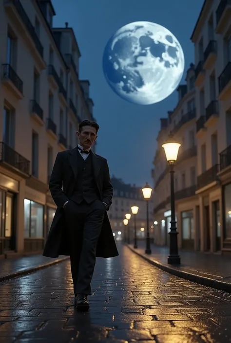 Nikola Tesla walking through the streets of Paris in the 1880s, next to him a dimensional planet, it is a dark night, the floor is wet.