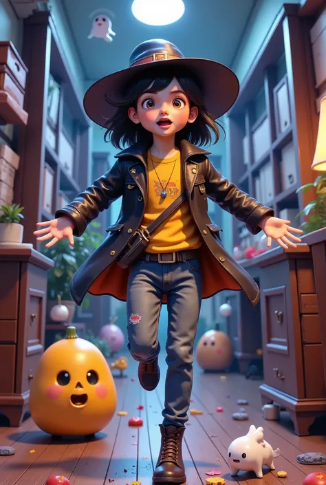 Create images of ren running to a safe place indoors, such as under a desk or near a strong wall.
texts/ Subtitle : "Hurry to find a safe place, such as under a table or in a corner not near a window."