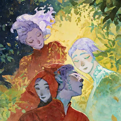 drki, portrait, 3girls, pale bright purple skinned character, detailed face, red outfit, ethereal atmosphere, fantasy aesthetic, painterly illustration, gouache painting, soft illustration, 2d art, leaves, abstract background, masterpiece, best quality