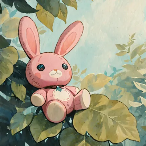 drki, portrait, object_focus, plush toy, plush bunny toy, ethereal atmosphere, fantasy aesthetic, painterly illustration, gouache painting, soft illustration, 2d art, leaves, abstract background, masterpiece, best quality, xss