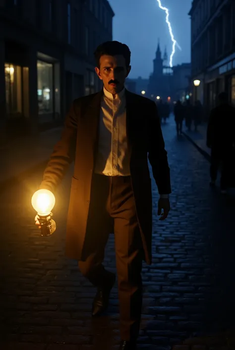 Nikola Tesla walks through the streets of Paris in the 1880s. It's a dark night, and the ground is wet. In his left hand, he holds an incandescent lamp that illuminates his face. The background is dark, and the atmosphere is calm. In the distant sky, light...