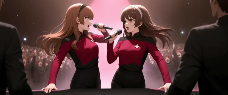 masterpiece,best quality, ,2girls,facing each other in frame,hairband , with microphone, brown hair,long hair,bangs,in a indoor rap battle scene club in hair,multiple colourful strobes lights,angry serious ,rapping on mic aginst her opponent on stage with ...