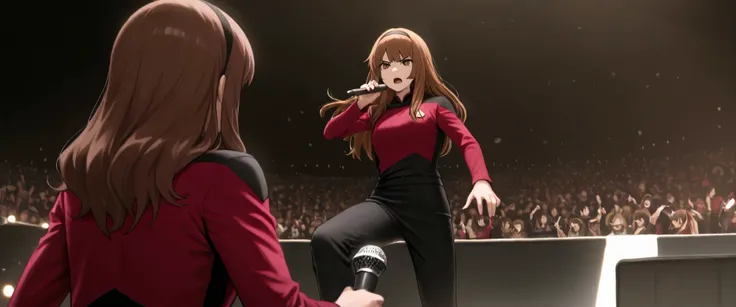 masterpiece,best quality, ,2girls,facing each other in frame,hairband , with microphone, brown hair,long hair,bangs,in a indoor rap battle scene club in hair,multiple colourful strobes lights,angry serious ,rapping on mic aginst her opponent on stage with ...