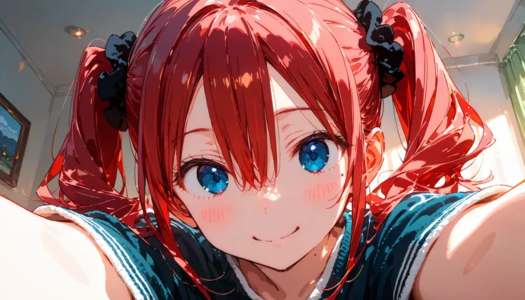 masterpiece , best quality, 1girl, high twintails, short twintails, round eyes, black scrunchie, bangs, hair between eyes, red hair, blue eyes eyes, mole under left eye, 16-year-old, Parker, looking at viewer, smiling, in the room, hyper detailed, anime, (...