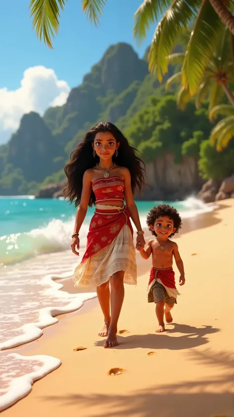 A hyper-realistic, full-body shot of Moana and her young son walking forward towards the camera along the shores of a vibrant tropical island. Moana, with her long, flowing dark hair and wearing her traditional red and white island attire, walks confidentl...