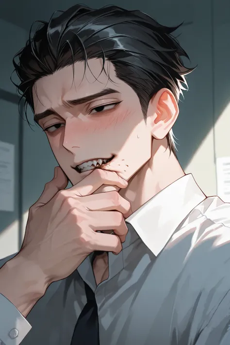 upper body, Averted gaze, 1 male, Black Slicked back hair, Sharp eyes, Black eyes, blushed, shy face, Office work, Hand covering a cough, detailed shading, high quality, ultra detailed, best quality, masterpiece