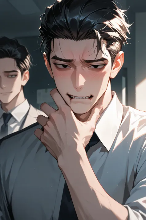 upper body, Averted gaze, 1 male, Black Slicked back hair, Sharp eyes, Black eyes, blushed, shy face, Office work, Hand covering a cough, detailed shading, high quality, ultra detailed, best quality, masterpiece