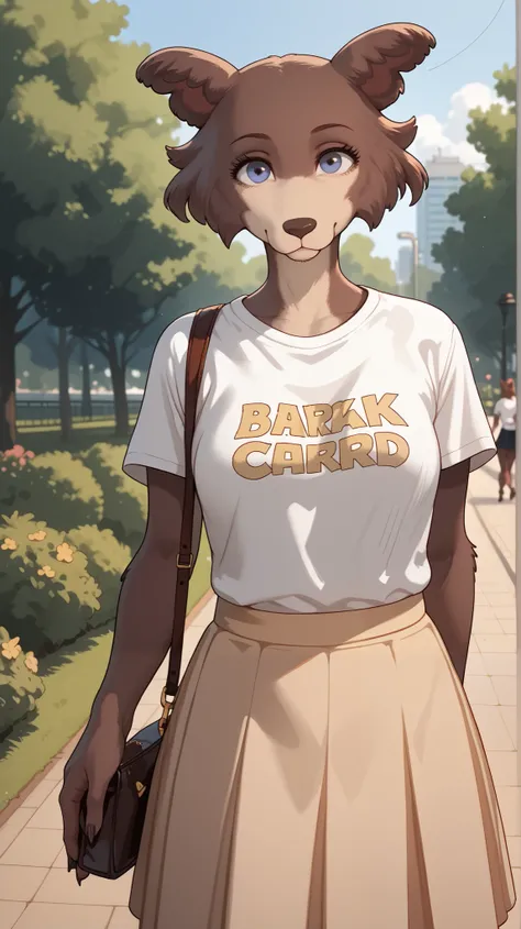 in front of the viewer, Park, Anthropomorphic wolf girl, brown fur, t-shirt, skirt, handbag