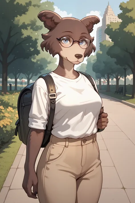 in front of the viewer, Park, Anthropomorphic wolf girl, brown fur, shirt, pants, backpack, eyeglasses ,