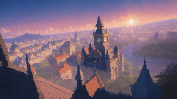(anime style:1.3), (pixel art style:1.2), (aerial view of medieval city from clock tower balcony), intricate stone architecture, red-tiled roofs, winding cobblestone streets, bustling market square with stalls, (ancient castle on hilltop:1.1), (stone bridg...