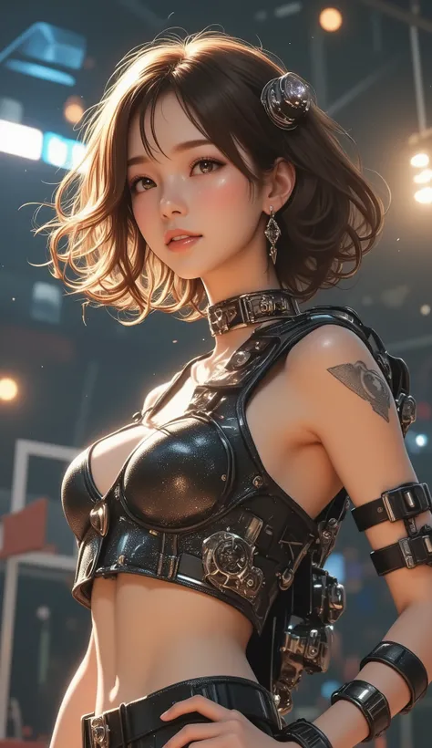 Top Quality, Super quality, 16K, unbelievably absurd, very detailed, 2.5D, delicate and dynamic, pretty woman, enchanting smile, (sexy women's basket ball player:1.7), amazing style, (basketball games where teams are competing:1.5), steampunk, DIESEL PUNK,...