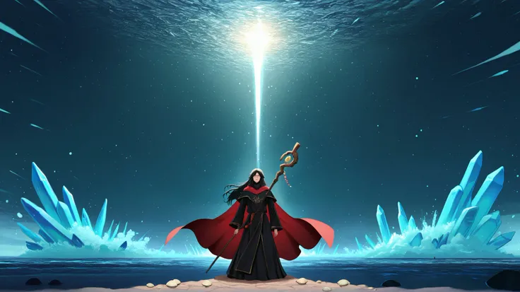 A majestic illustration of Moses, a man of powerful presence, with a long beard and flowing black hair, wearing a black robe with gold trim and a red cape that billows in the wind. He stands facing the viewer, holding a wooden staff. In front of him, the S...