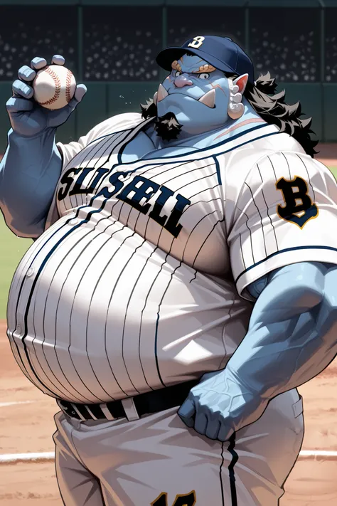 solo, chubby jinbe, big belly, fay, happy, side chest, Stand slightly sideways, side angel, shirtless, very huge pectoral, shorts, baseball, jersey, baseball fields, pitcher, playing baseball, jersey, baseball hat, detailed face:1.3, eyes, wide shoulder, t...