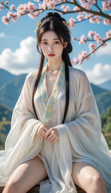 With blue sky and white clouds， Mountains in the Distance ，Pink flowers，Cherry Tree，Hanfu women,Phoenix crown、 exquisite embroidery 、Wearing Hanfu pantyhose、wearing a sleeveless Hanfu 、Transparent underwear is clearly visible、Look at the panties and underw...
